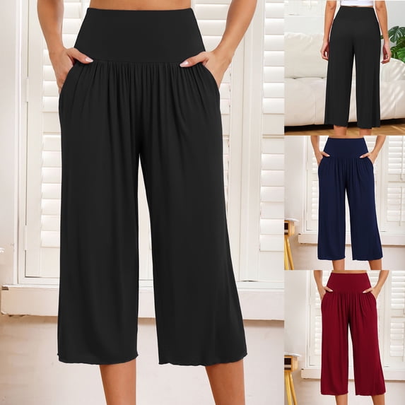QATAINLAV Capri Pants for Women High Waisted Loose Wide Leg Cropped Trousers Solid Color Soft Workout Yoga Capris with Pockets, Navy, L