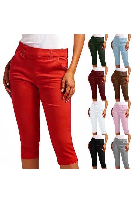 Capri Pants for Women Slim Fit Casual Chino Cropped Trousers with Pockets Solid Color Outdoor Workout Capris Wine S