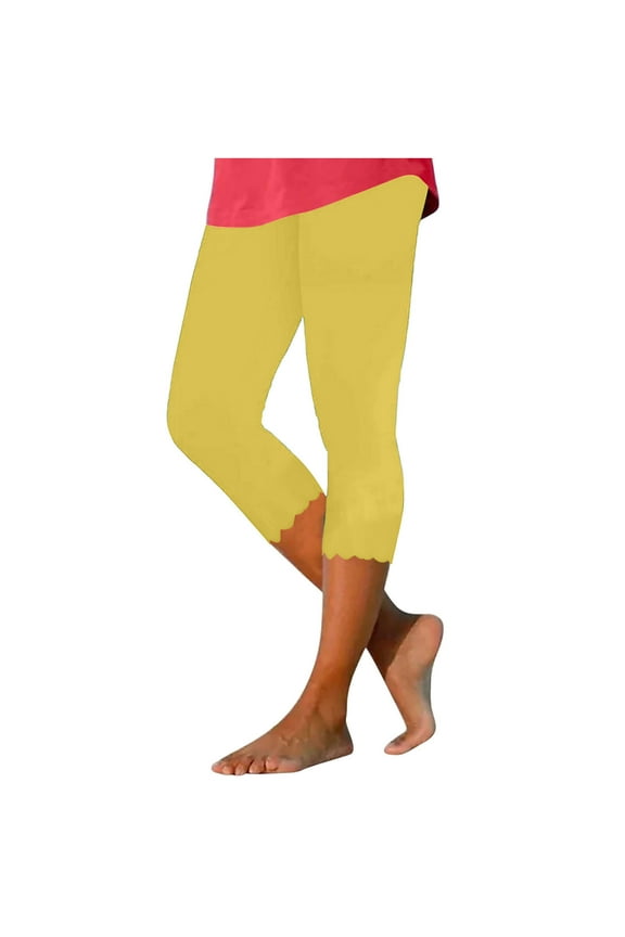 Capri for Women Tummy Control, 2024 Summer Womens Elastic Cropped Leggings Trendy Solid Color Yoga Pants Casual Workout High Waisted Capris Leggings Lightening Sale Yellow S