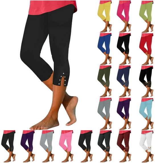QATAINLAV Capris Leggings for Women High Waist Slimming Summer Cropped Yoga Pants Gym Solid Color Tight Workout Legging Pants Blue L