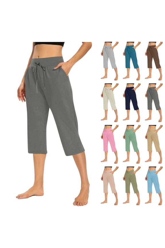Capris for Women Casual Summer Straight Leg Crop Pants Loose Comfy Drawstring Yoga Jogger Capri Pants with Pockets Beige L Sales Today