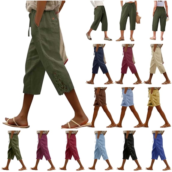 QATAINLAV Capris for Women with Pockets Linen Summer Trendy Beach Slacks Drawstring High Waist Side Lace Cropped Trousers Wine M