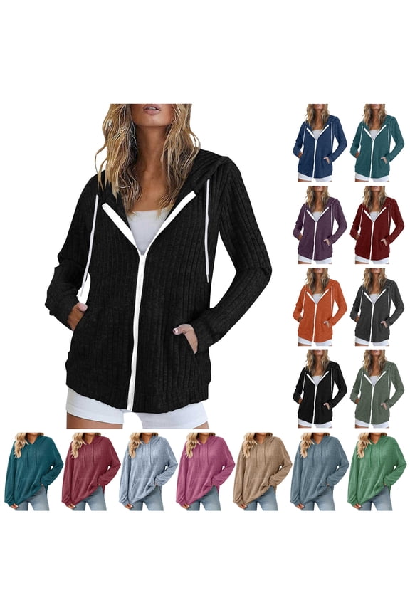 Cardigan Sweaters for Women Ribbed Knit Zip Up Hoodies Lightweight Casual Long Sleeve Hooded Sweatshirt Jacket with Pockets Lightning Sales Blue L
