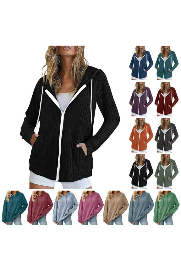 Cardigan Sweaters for Women Ribbed Knit Zip Up Hoodies Lightweight Casual Long Sleeve Hooded Sweatshirt Jacket with Pockets Today's Lightning Sales Coffee S