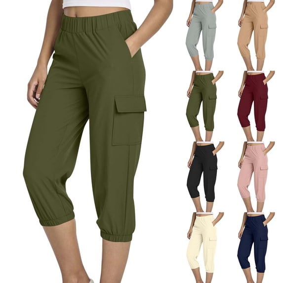 QATAINLAV Cargo Capris for Women Casual Elastic Waist Joggers Solid Color Athletic Workout Hiking Capri Pants with Pockets Black XXL Mother's Day Gifts