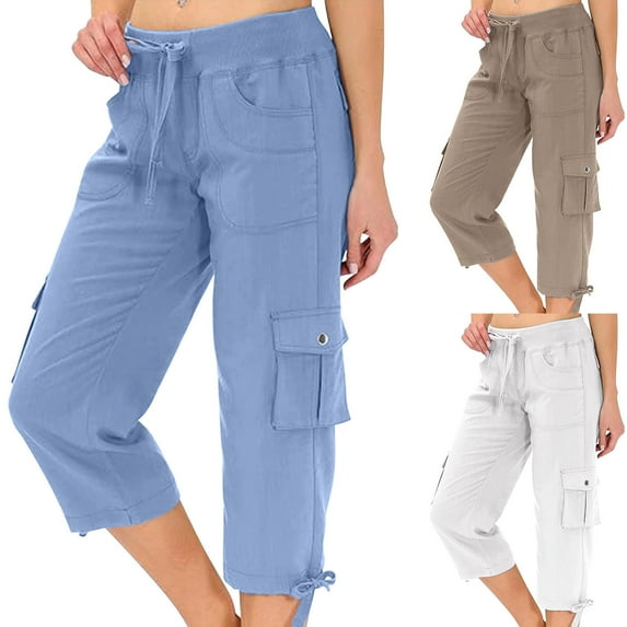 QATAINLAV Cargo Capris for Women Summer Casual Drawstring Capri Pants Outdoor Hiking Cropped Trousers with Multi Pockets Sky Blue XXXL Gifts for Mom
