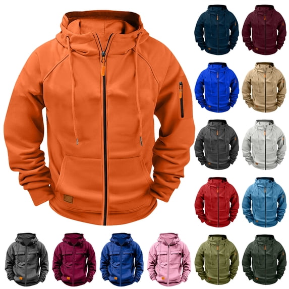 QATAINLAV Cargo Hoodie Jacket for Men Full Zip Long Sleeve Hooded Sweatshirt Solid Color Outdoor Hiking Outerwear with Pockets, Green, S