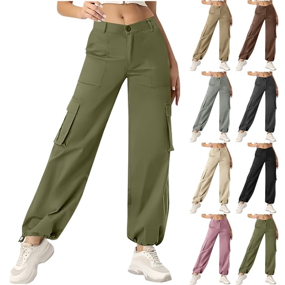 QATAINLAV Cargo Pants for Women High Waisted Elastic Bottom Hiking Pant Lightweight Casual Solid Color Work Trousers with Multi Pockets Streetwear, Dark Gray, XXL