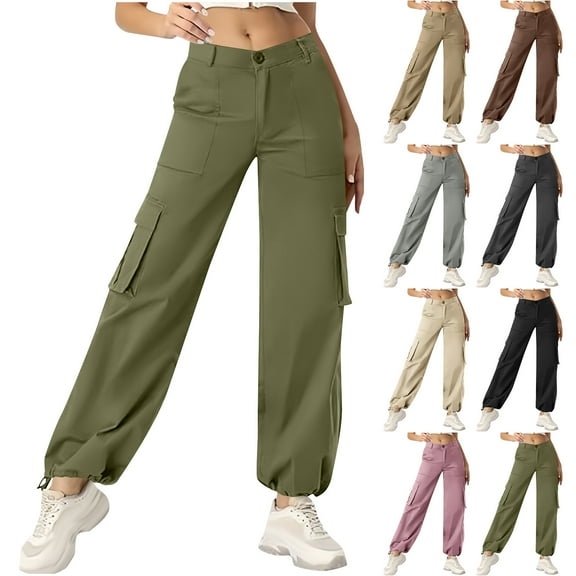 QATAINLAV Cargo Pants for Women High Waisted Elastic Bottom Hiking Pant Lightweight Casual Solid Color Work Trousers with Multi Pockets Streetwear, Khaki, XL