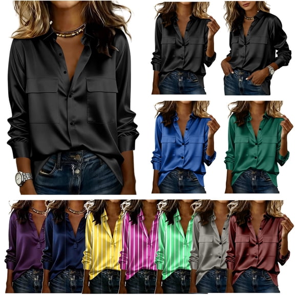 QATAINLAV Cargo Shirts for Women Fashion Satin Long Sleeve Tunic Tops Solid Color Button Lapel Blouses Business Casual Outfits, Black, XXL