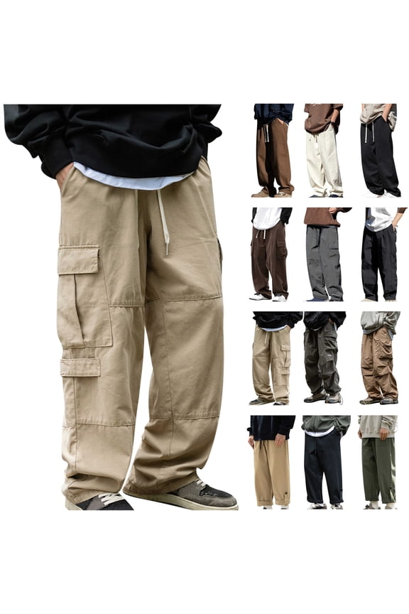 Cargo Sweatpants for Men Baggy Wide Leg Lounge Pants Solid Color Casual Drawstring Work Trousers with Pockets Fall Clothes Hoy Oferta Flash Khaki XXL