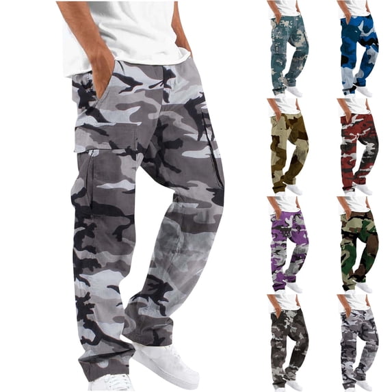 QATAINLAV Cargo Sweatpants for Men with Pockets Fashion Camo Print Military Combat Pants Casual Drawstring Joggers Pants Straight Leg Work Trousers Summer Savings Purple S