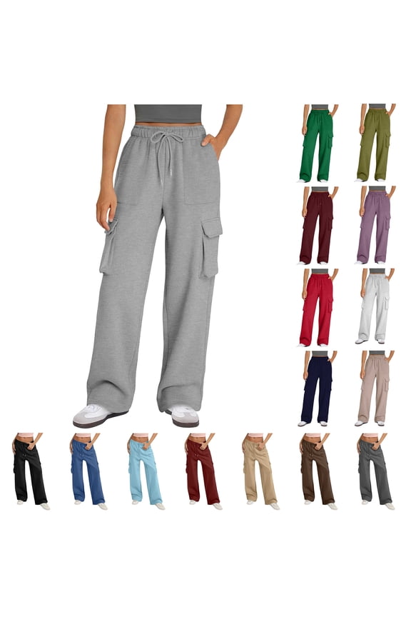 Cargo Sweatpants for Women Baggy Straight Wide Leg Pants Solid Color Lounge Trousers Outdoor Casual Work Pants with Multi Pockets Sales of The Day Lightning Gray XXL