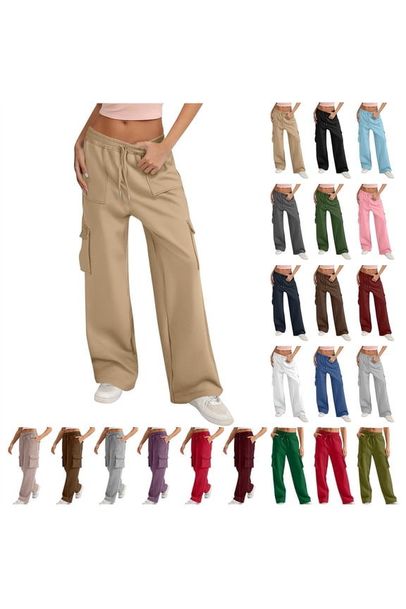 Cargo Sweatpants for Women Wide Leg Hiking Pants Fall Straight Lightweight Outdoor Joggers Workout Pants with Pockets, Black, L, Gifts for Mom