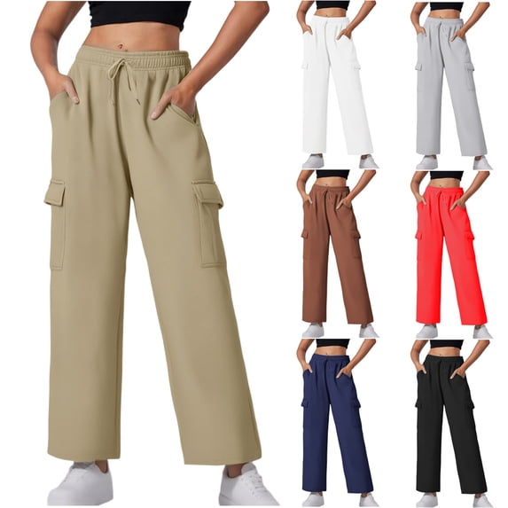 QATAINLAV Cargo Sweatpants for Women Drawstring Waist Open Bottom Lounge Trouser Solid Casual Wide Leg Joggers Pants with Pockets, Brown, M