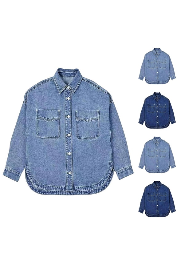Casual Denim Jacket for Women Dressy Loose Lapel Button Down Shirts Solid Long Sleeve Longline Hem Boyfriend Shirt Dark Blue S