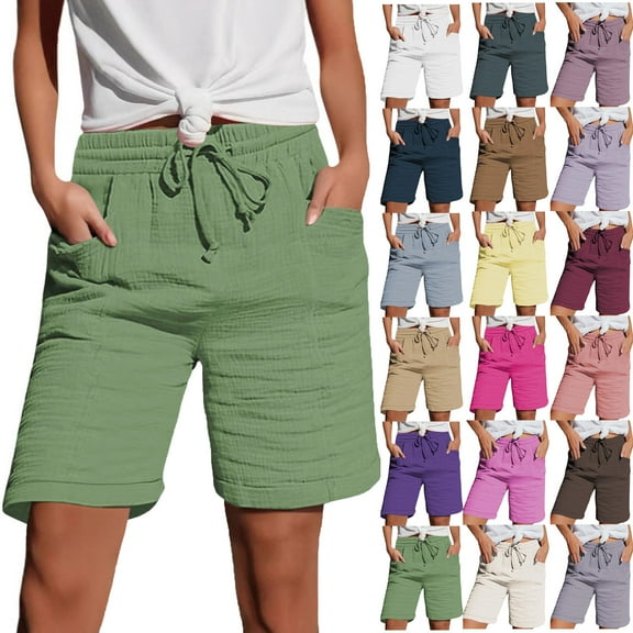QATAINLAV Casual Linen Beach Shorts for Women Solid Color Gauze Straight Legs Short Pants Loose Fit Lounge Shorts with Pockets Purple XL Mother's Day Gifts
