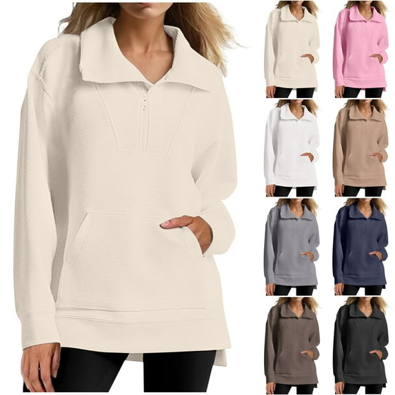 QATAINLAV Casual Long Sleeve Shirts for Women Solid Color Quarter Zip Tunic Sweatshirts Fall Mock Neck Workout Tops Pullover with Pockets, Black, S,