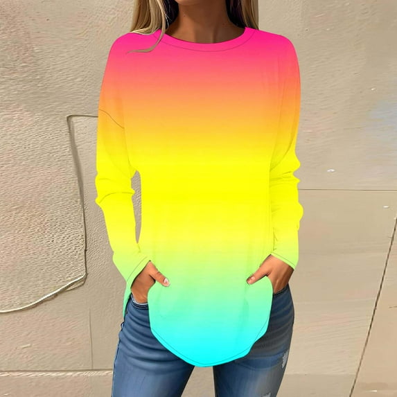 QATAINLAV Casual Tops for Women Long Sleeve Crew Neck Blouse Fall Plus Size T Shirt Fashion Gradient Print Tunic Sweatshirts Ofertas Flash Multicolor XL