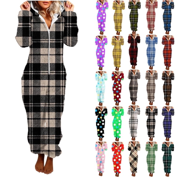 QATAINLAV Checkered Onesie Pajamas for Women Fleece Fuzzy Hooded Jumpsuits Warm Winter Loungewear, Gray, XXL