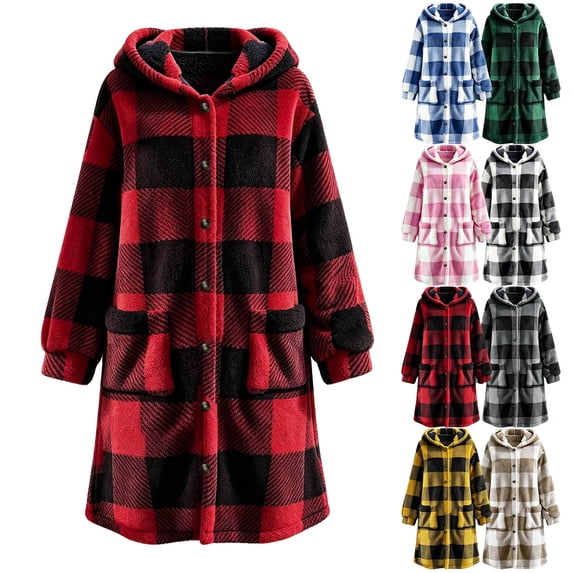 QATAINLAV Checkered Sherpa Jacket for Woman Long Sleeve Button Hooded Fleece Coat Fall Winter Long Plaid Shacket with Pockets