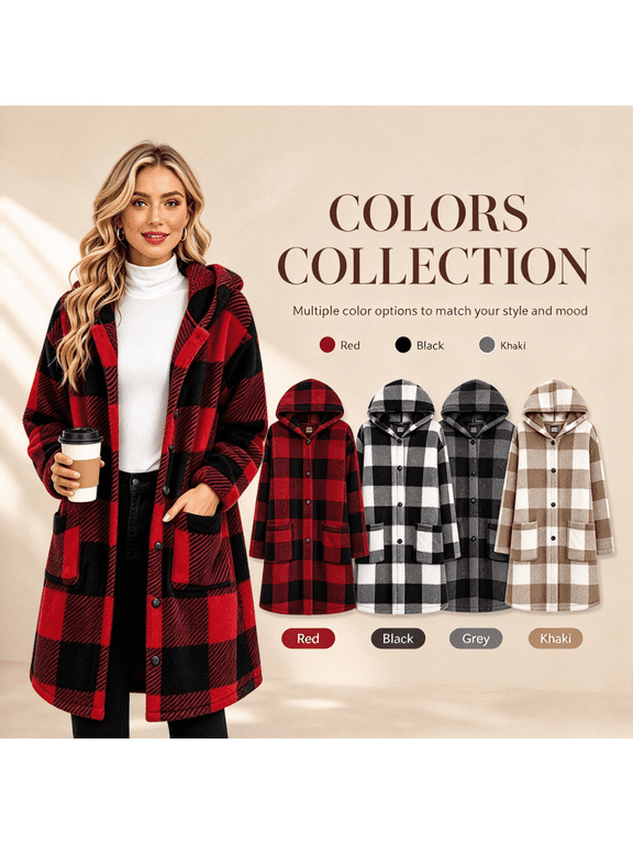 Checkered Sherpa Jacket for Women Long Sleeve Button Hooded Fleece Coat Fall Winter Long Plaid Shacket with Pockets