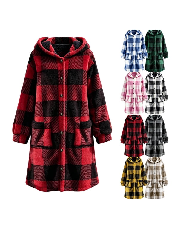 Checkered Sherpa Jacket for Women Long Sleeve Button Hooded Fleece Coat Fall Winter Long Plaid Shacket with Pockets