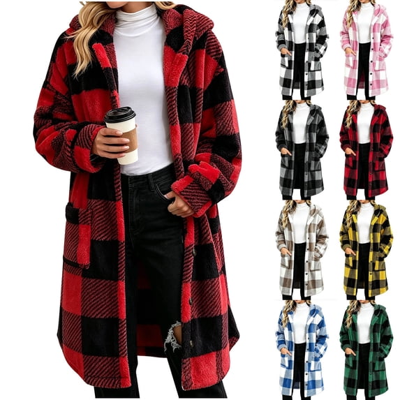 QATAINLAV Checkered Sherpa Jacket for Women Long Sleeve Button Hooded Fleece Coat Fall Winter Long Plaid Shacket with Pockets