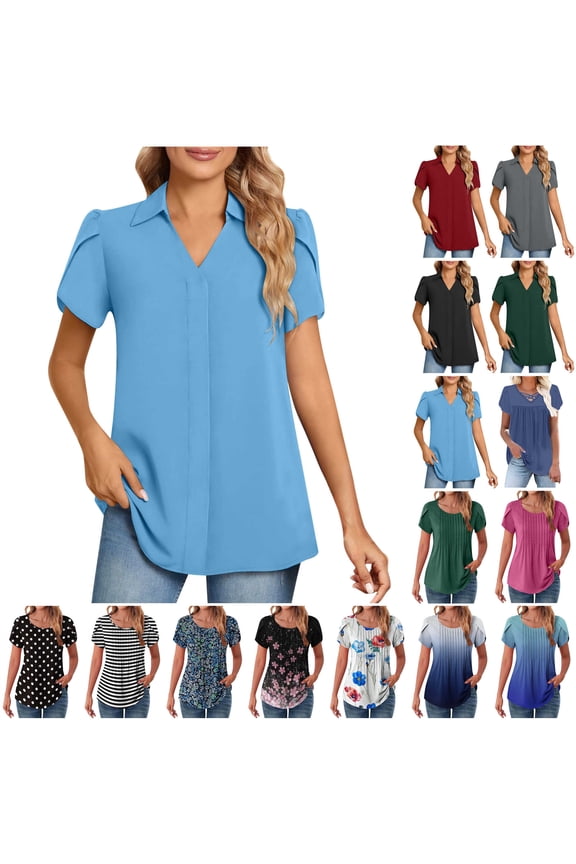 Chiffon Blouse for Women Petal Short Sleeve Office Shirts Summer Casual Loose Business Tunic Basic Solid Color Lapel Tshirt Going Out Tops Lightning Sale Blue XL