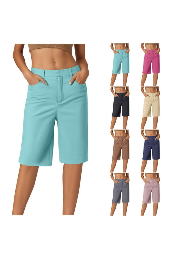 Chino Shorts for Women Summer Pull On Knee Length Bermuda Button High Waisted Comfy Stretchy Work Shorts with Pockets Black XXL on Sale Clearance 2025