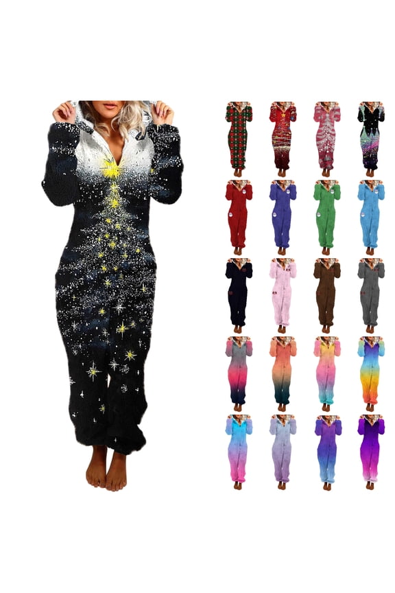 Christmas Adult Onesie Pajamas Cute Fleece Hooded Jumpsuit Winter Warm Long Sleeve Sleepwear Xmas Gifts, Red, M