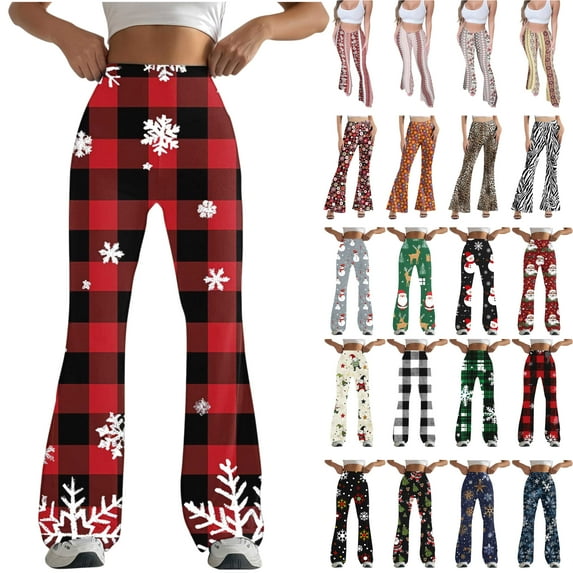 QATAINLAV Christmas Clearance Christmas Sweatpants for Women Fashion Plaid Flared Leggings High Waist Wide Leg Bell Bottom Yoga Pants Hippie Clothes Multicolor L