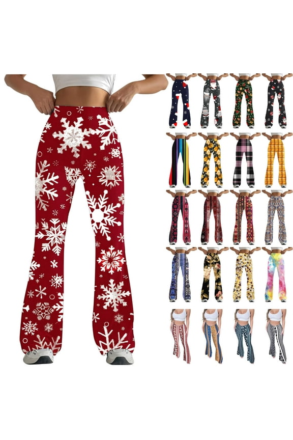 Christmas Flare Pants for Women Cute Graphic Print High Waist Yoga Pants Casual Milk Silk Soft Bell Bottom Leggings Workout Wide Leg Sweatpants Multicolor XXL