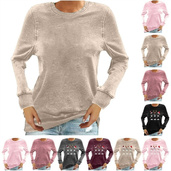 QATAINLAV Christmas Sweatshirts for Women Casual Round Neck Long Sleeve Shirts Cute Graphic Pullover Tops Cotton Winter Clothes, Dark Gray, L, Birthday Gifts