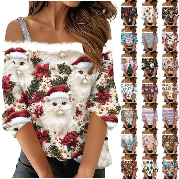QATAINLAV Christmas T Shirt for Women Fuzzy Neck Off Shoulder Long Sleeve Shirts Cute Xmas Printed Pullover Tops, Light Blue, M