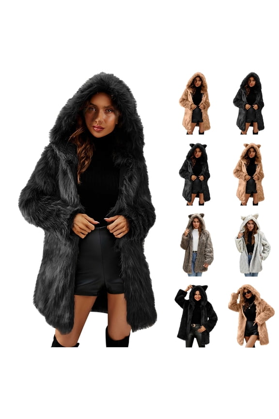 Cute Cat Ear Hoodies for Women Faux Fur Open Front Cardigan Solid Color Fleece Hooded Winter Jacket, Black, S