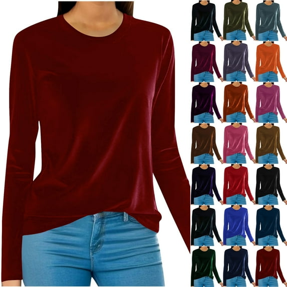 QATAINLAV Women's Vintage Velvet Long Sleeve T-Shirts Casual Elegant Loose Pullover Tops Classic Round Neck Blouse Orange XXL
