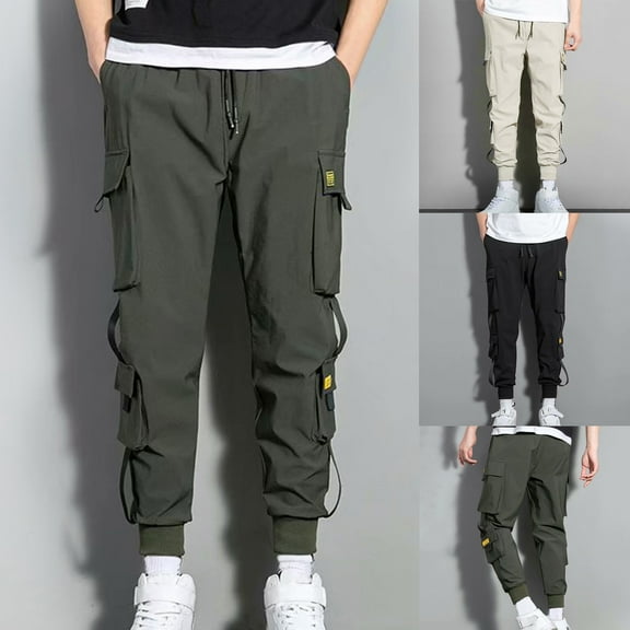 QATAINLAV Mens 2025 Fashion Cargo Pants with Multi Pocket Casual Relaxed Fit Hip Hop Pant Drawstring Elastic Waist Harem Pants for Hiking Khaki S