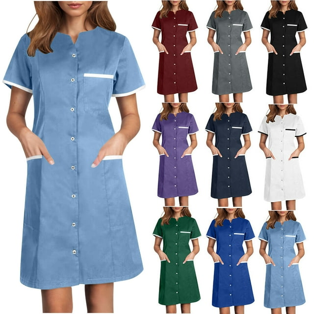 QATAINLAV Clearance Sale! Scrub Dresses for Women Solid Color Short Sleeve Nurse Working Uniform with Pockets Stretchy V-Neck Holiday Workwear Purple XL