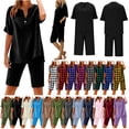 thumbnail image 1 of QATAINLAV Mother's Day Gifts! Womens Linen 2 Piece Sets Summer Casual Short Sleeve Tops and Beach Shorts Vacation Lounge Set Blue L, 1 of 10