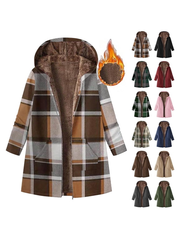 Coffee Zip Up Plaid Hoodies for Women Sherpa Lined Hooded Jackets Warm Fleece Long Sweatshirt Winter Coats with Pockets