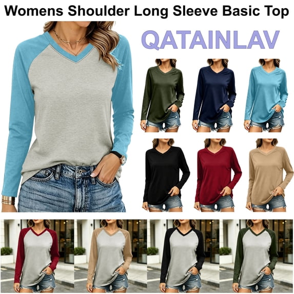 QATAINLAV Color Block Long Sleeve Tops for Woman Loose Casual V Neck T-Shirts Fall Winter Basic Tee Shirts Gray XL