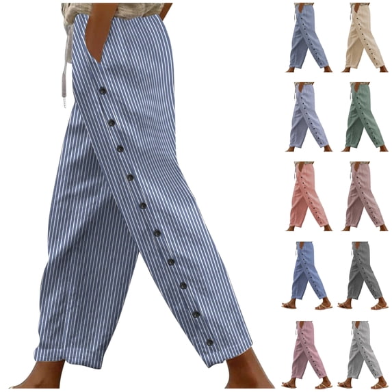 QATAINLAV Cotton Linen Beach Pants for Women Casual Side Button Lounge Pants Drawstring Elastic Waist Striped Straight Leg Pants with Pockets Purple XXL