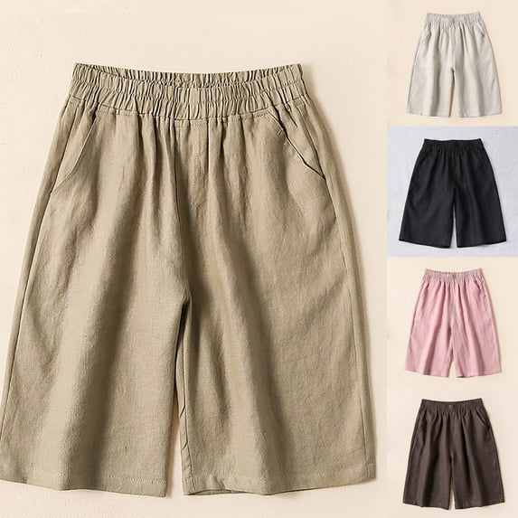 QATAINLAV Cotton Linen Bermuda Shorts for Women with Pockets Casual Elastic Waist Lounge Shorts Loose Fit Knee Length Shorts Going Out Outfits 90 off Clearance Sale Khaki M