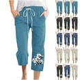 thumbnail image 1 of QATAINLAV Cotton Linen Capri Pants for Women 2025 Summer Casual Drawstring Elastic Waist Cropped Pants Fashion Floral Print Straight Leg Capris with Pockets Blue XXL on Sale Clearance, 1 of 5