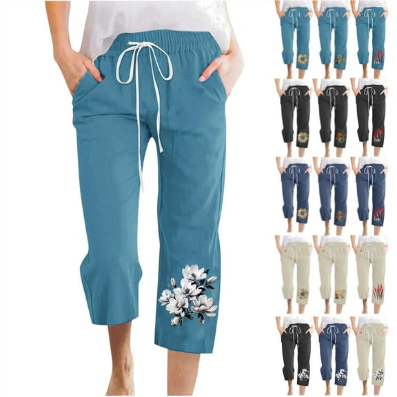 QATAINLAV Cotton Linen Capri Pants for Women 2025 Summer Casual Drawstring Elastic Waist Cropped Pants Fashion Floral Print Straight Leg Capris with Pockets Navy XXXL Lightning Sales Today