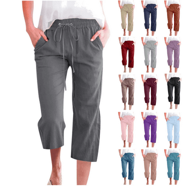 QATAINLAV Cotton Linen Capris for Women Loose Fit Cropped Trousers Drawstring Waisted Wide Leg Straight Pant Solid Color Capri Pants with Pockets Blusas, Purple, S