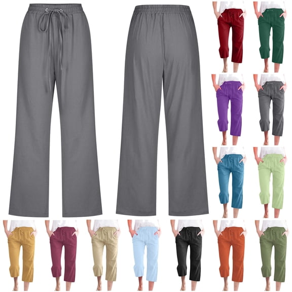 QATAINLAV Cotton Linen Capris for Women Loose Fit Cropped Trousers Drawstring Waisted Wide Leg Straight Pant Solid Color Capri Pants with Pockets Purple S