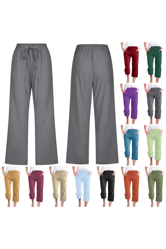 Cotton Linen Capris for Women Loose Fit Cropped Trousers Drawstring Waisted Wide Leg Straight Pant Solid Color Capri Pants with Pockets Purple XXXXXL