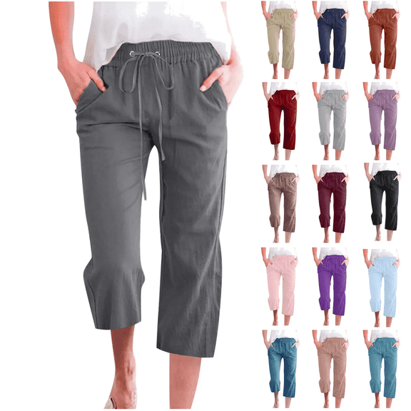 QATAINLAV Cotton Linen Capris for Women Loose Fit Cropped Trousers Drawstring Waisted Wide Leg Straight Pant Solid Color Capri Pants with Pockets, Purple, S